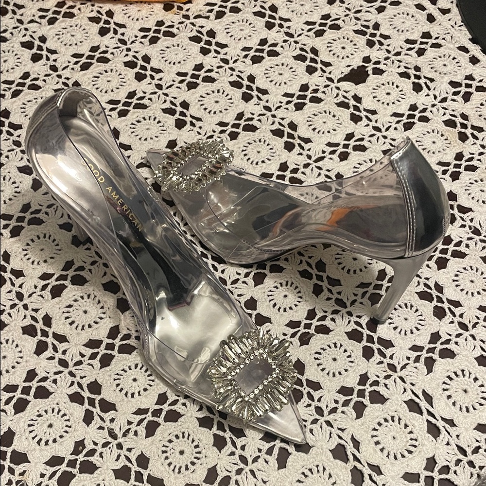 Good American Clear Pumps with Silver Crystal Buckle